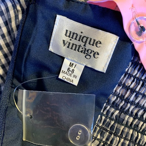 Unique Vintage Navy Gingham & Pink Floral Embroidered Rae Romper with Bow Size M - Picture 7 of 8